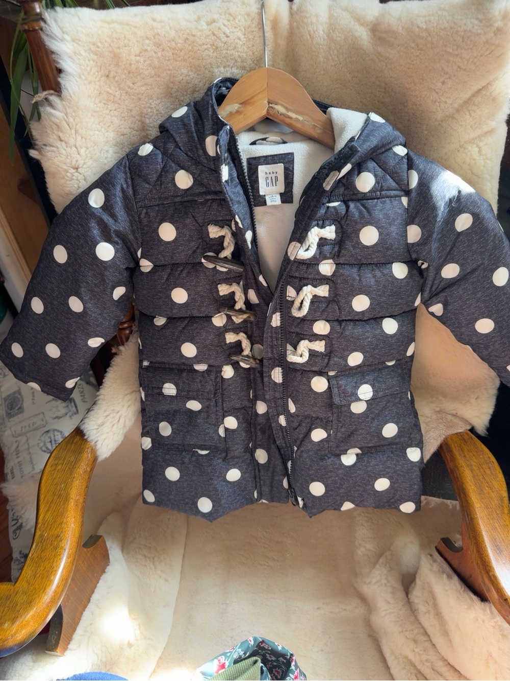 Baby Gap Girls 3T Gray Polka Dot Hooded Puffer Coat Toggle Front